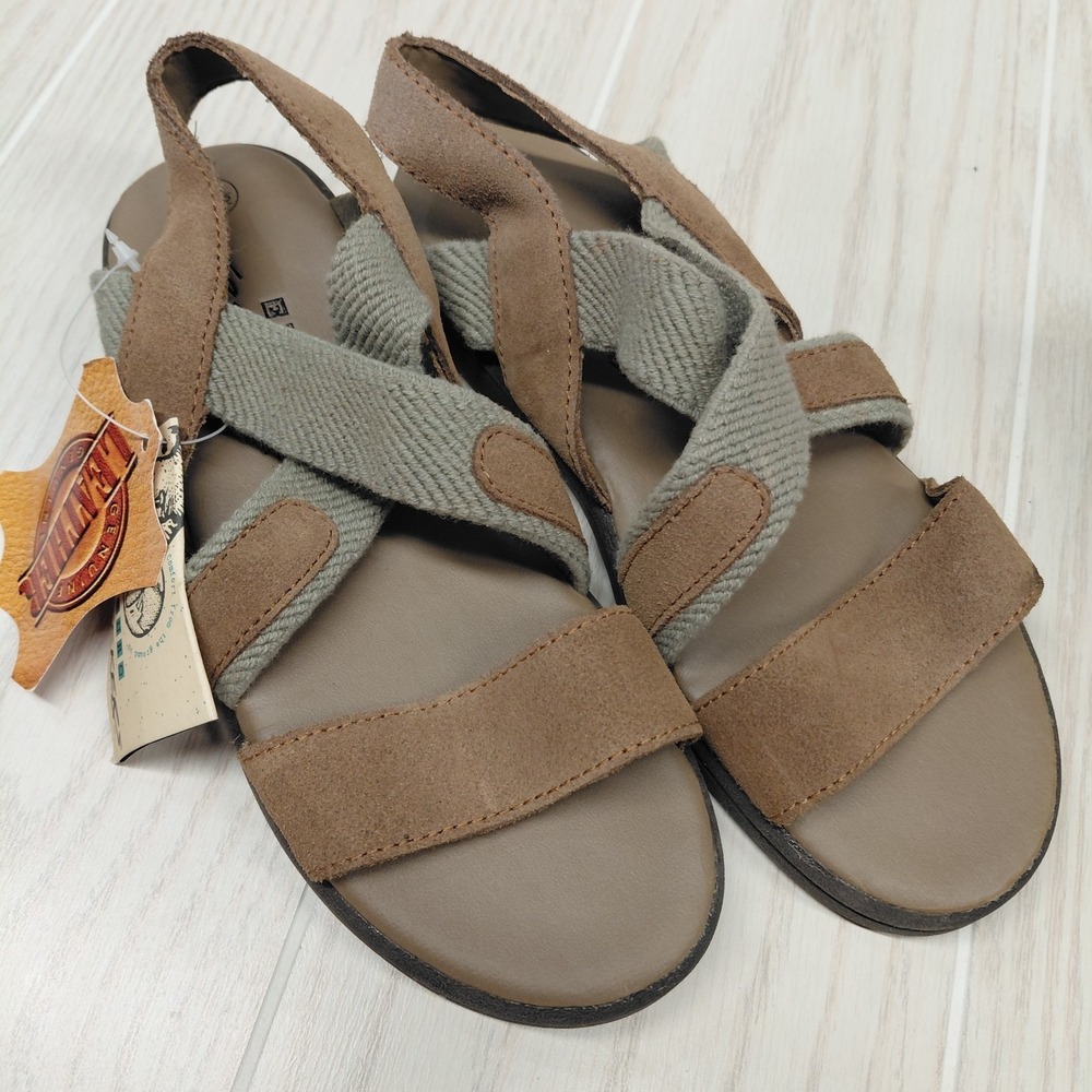 EURO TREKKERS Women's 6.5 Strappy Comfort Brown Leather Suede Flat Sandals Walk